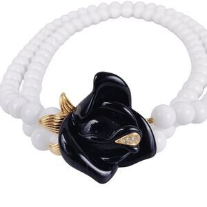 Vintage Signed K.J.L. for Avon Black Rose White Bead Necklace Gold Tone 1980s